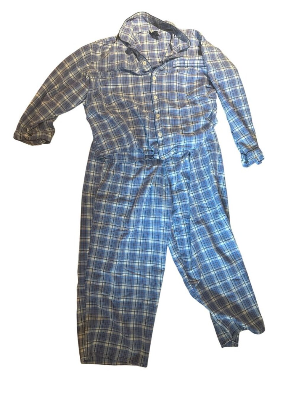 John Blair Mens XL Blue Plaid Button-Down Pajama Set Cotton Blend Long Sleeve